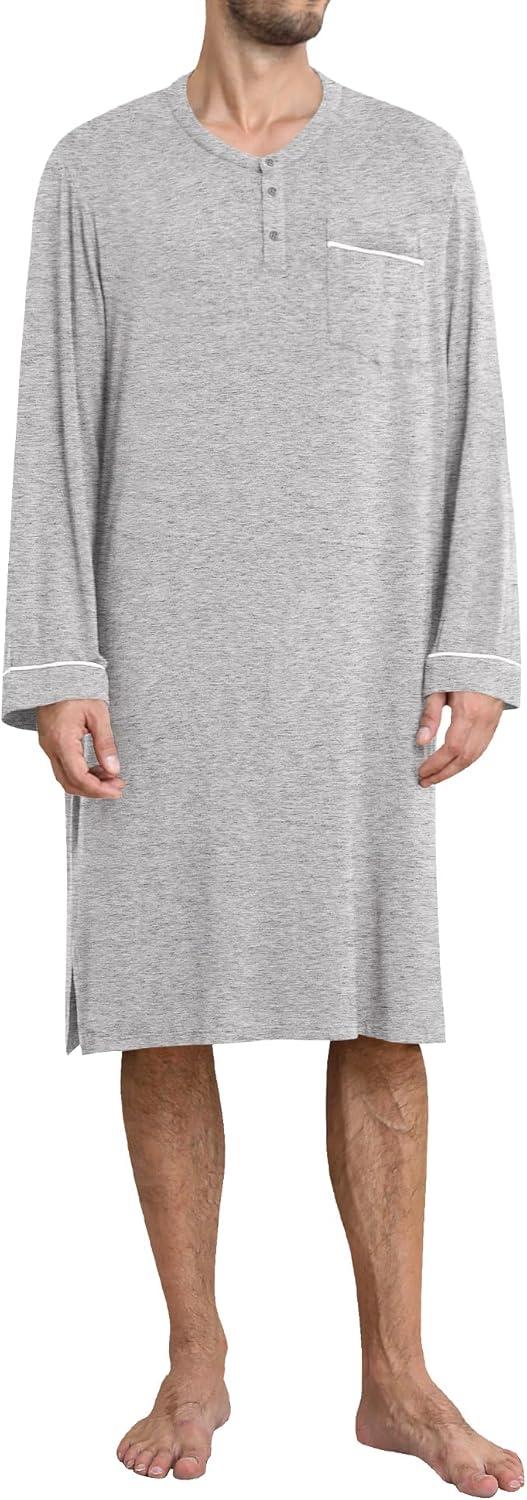 imageSWOMOG Mens Nightshirt Long Sleeve Nightgown Soft Loose Sleepwear Comfy Big amp Tall Henley Sleep Shirt for Sleeping SXXLGrey