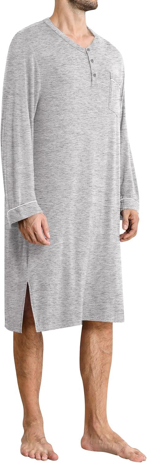 imageSWOMOG Mens Nightshirt Long Sleeve Nightgown Soft Loose Sleepwear Comfy Big amp Tall Henley Sleep Shirt for Sleeping SXXLGrey