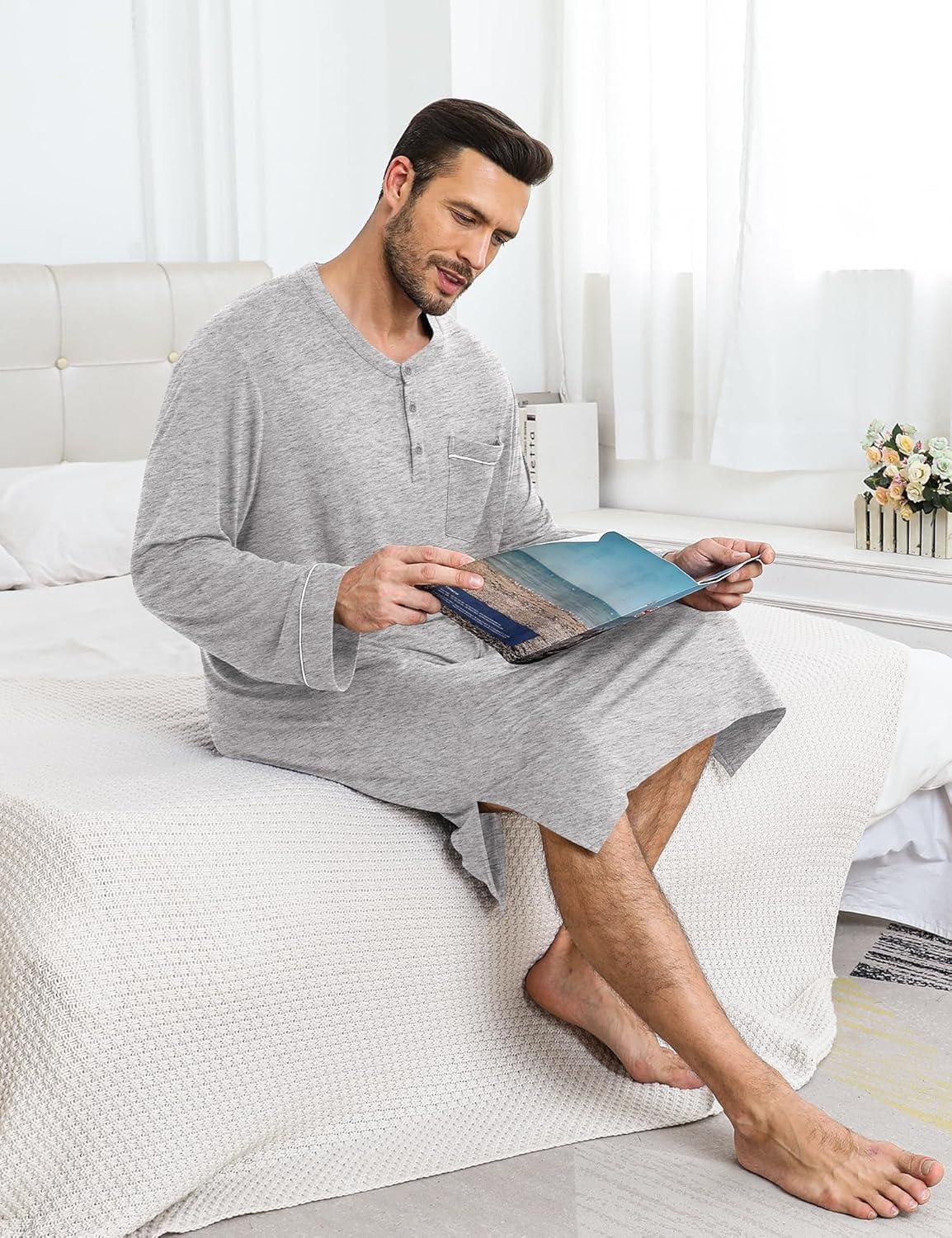 imageSWOMOG Mens Nightshirt Long Sleeve Nightgown Soft Loose Sleepwear Comfy Big amp Tall Henley Sleep Shirt for Sleeping SXXLGrey