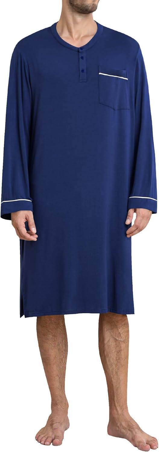 imageSWOMOG Mens Nightshirt Long Sleeve Nightgown Soft Loose Sleepwear Comfy Big amp Tall Henley Sleep Shirt for Sleeping SXXLNavy Blue