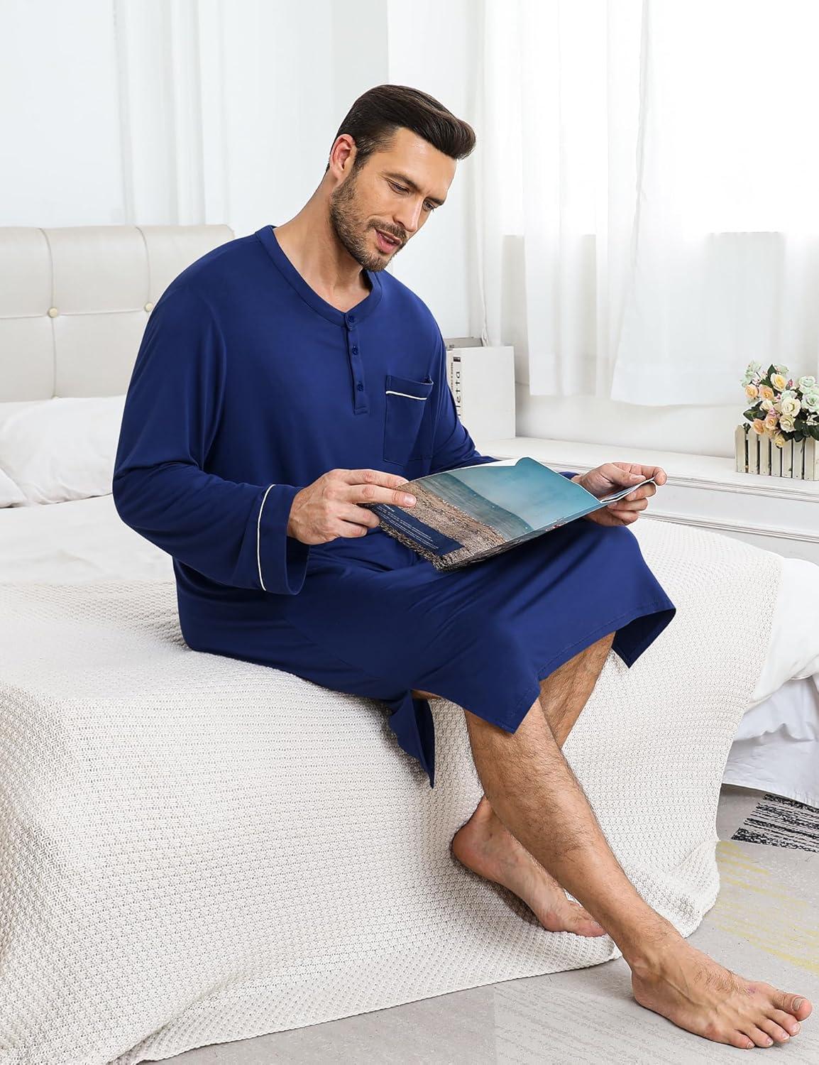 imageSWOMOG Mens Nightshirt Long Sleeve Nightgown Soft Loose Sleepwear Comfy Big amp Tall Henley Sleep Shirt for Sleeping SXXLNavy Blue