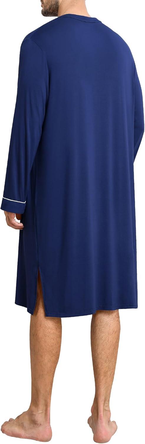 imageSWOMOG Mens Nightshirt Long Sleeve Nightgown Soft Loose Sleepwear Comfy Big amp Tall Henley Sleep Shirt for Sleeping SXXLNavy Blue