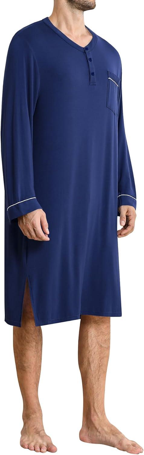 imageSWOMOG Mens Nightshirt Long Sleeve Nightgown Soft Loose Sleepwear Comfy Big amp Tall Henley Sleep Shirt for Sleeping SXXLNavy Blue