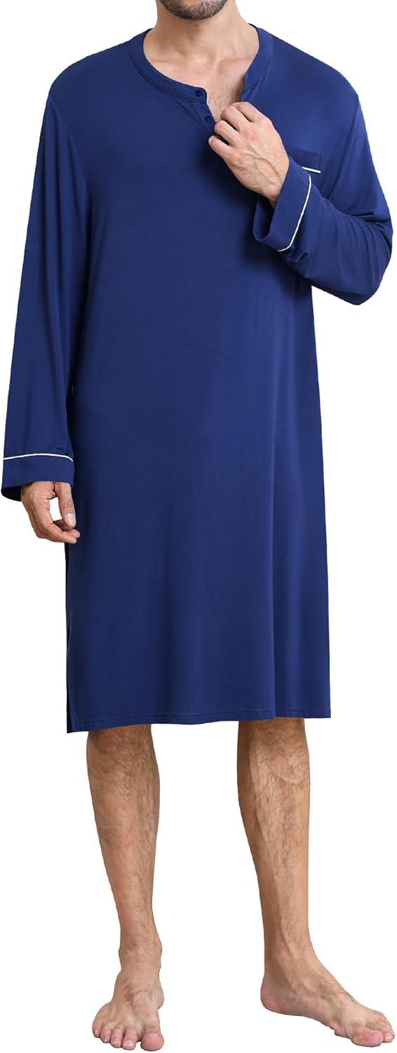 imageSWOMOG Mens Nightshirt Long Sleeve Nightgown Soft Loose Sleepwear Comfy Big amp Tall Henley Sleep Shirt for Sleeping SXXLNavy Blue