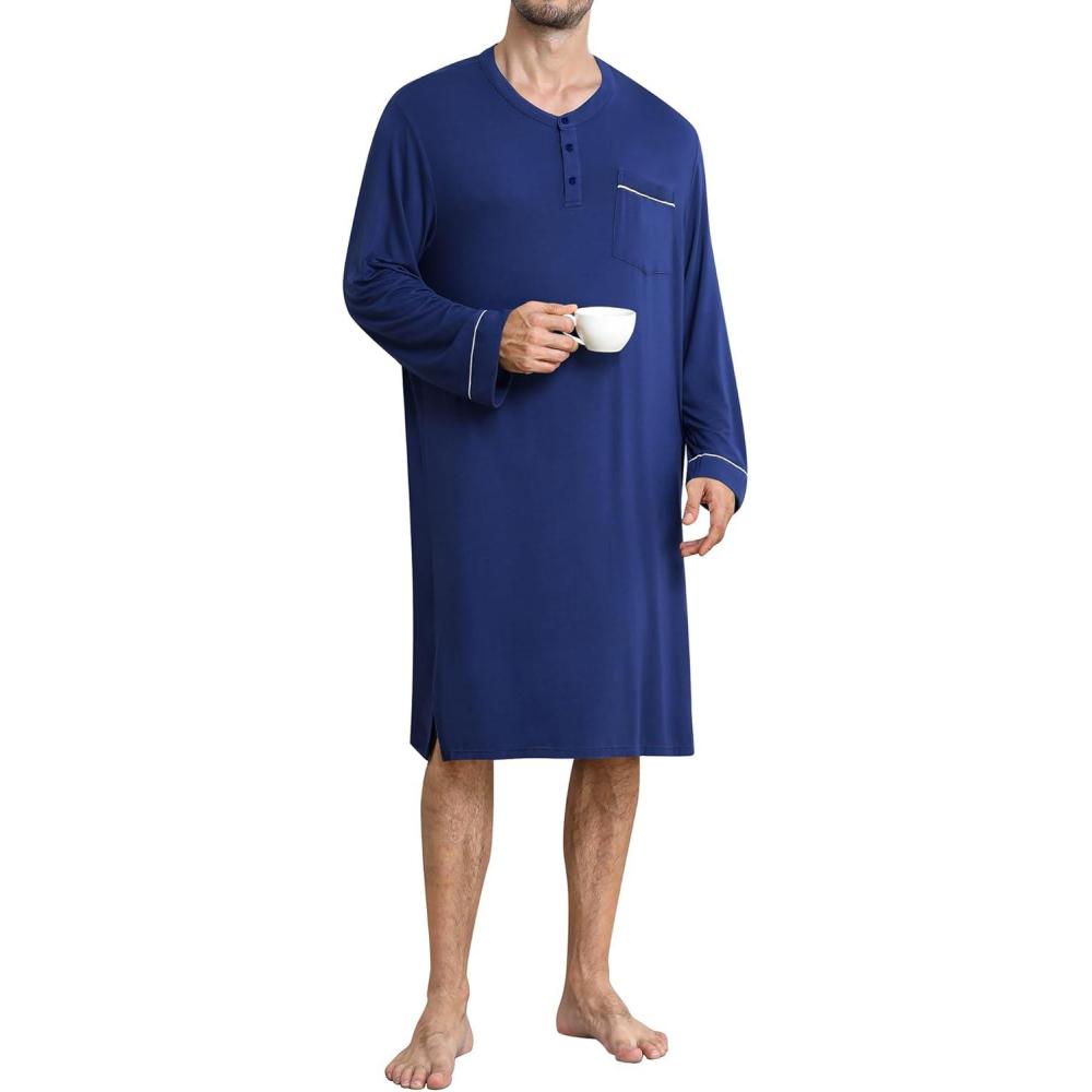 imageSWOMOG Mens Nightshirt Long Sleeve Nightgown Soft Loose Sleepwear Comfy Big amp Tall Henley Sleep Shirt for Sleeping SXXLNavy Blue