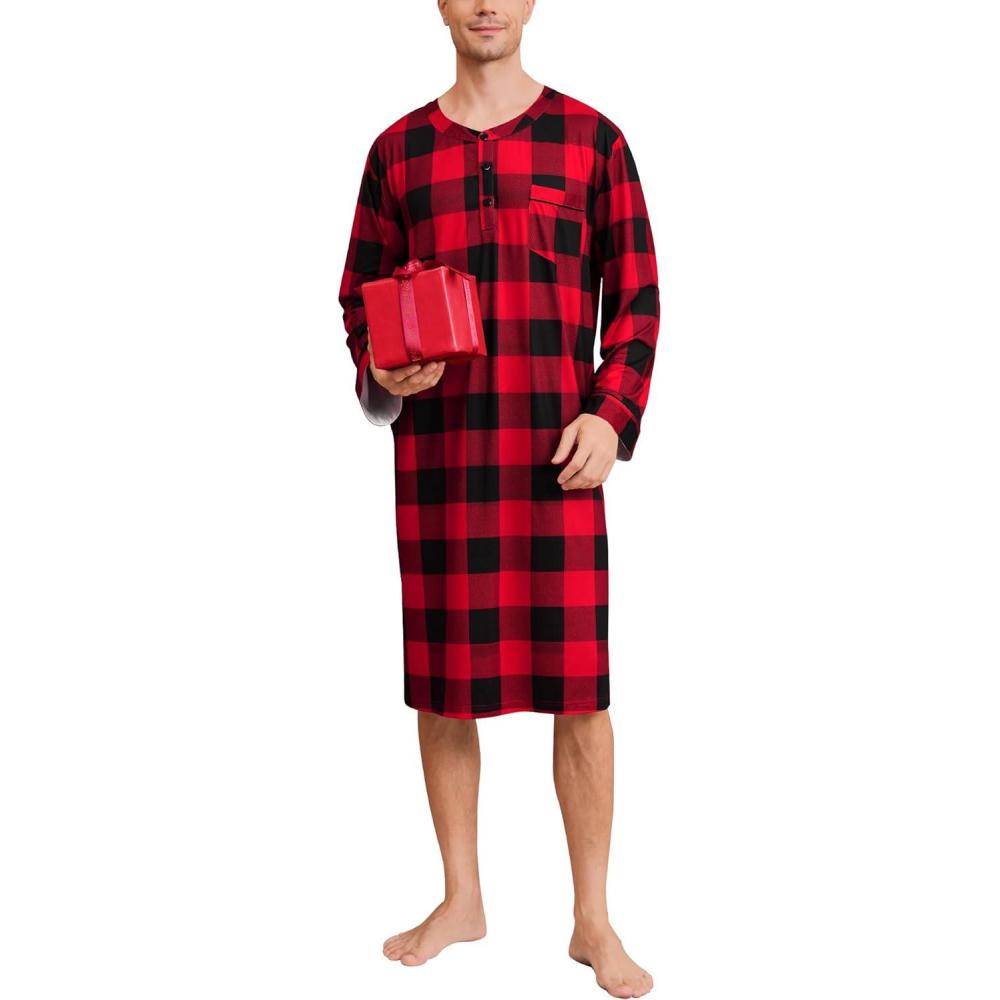 imageSWOMOG Mens Nightshirt Long Sleeve Nightgown Soft Loose Sleepwear Comfy Big amp Tall Henley Sleep Shirt for Sleeping SXXLRed With Black Grid