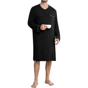 SWOMOG Men’s Nightshirt Long Sleeve Nightgown Soft Loose Sleepwear Comfy Big & Tall Henley Sleep Shirt for Sleeping S-XXL(Black)