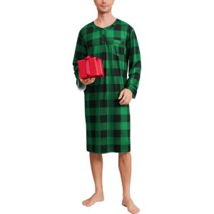 SWOMOG Men’s Nightshirt Long Sleeve Nightgown Soft Loose Sleepwear Comfy Big & Tall Henley Sleep Shirt for Sleeping S-XXL(Green With Black Grid)