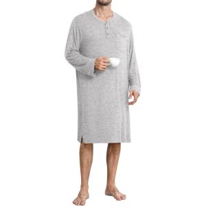 SWOMOG Men’s Nightshirt Long Sleeve Nightgown Soft Loose Sleepwear Comfy Big & Tall Henley Sleep Shirt for Sleeping S-XXL(Grey)