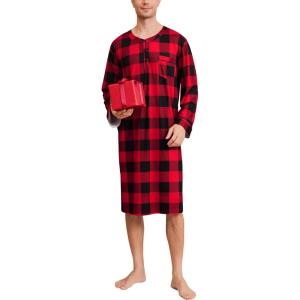 SWOMOG Men’s Nightshirt Long Sleeve Nightgown Soft Loose Sleepwear Comfy Big & Tall Henley Sleep Shirt for Sleeping S-XXL(Red With Black Grid)