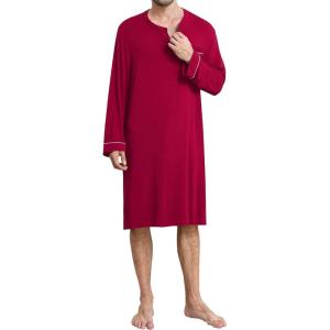 SWOMOG Men’s Nightshirt Long Sleeve Nightgown Soft Loose Sleepwear Comfy Big & Tall Henley Sleep Shirt for Sleeping S-XXL(Wine Red)