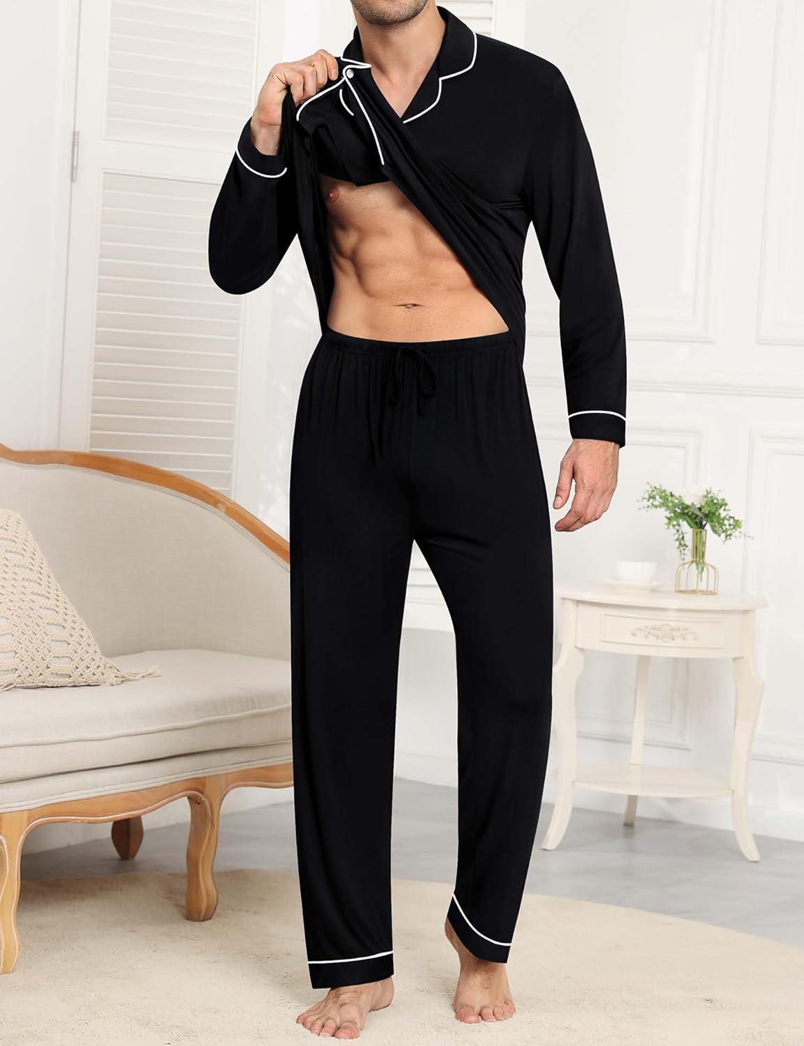 imageSWOMOG Men Pajamas Sets Long Sleeve Modal Sleepwear TwoPiece Soft PJs Sets Loungewear with Long PantsBlack