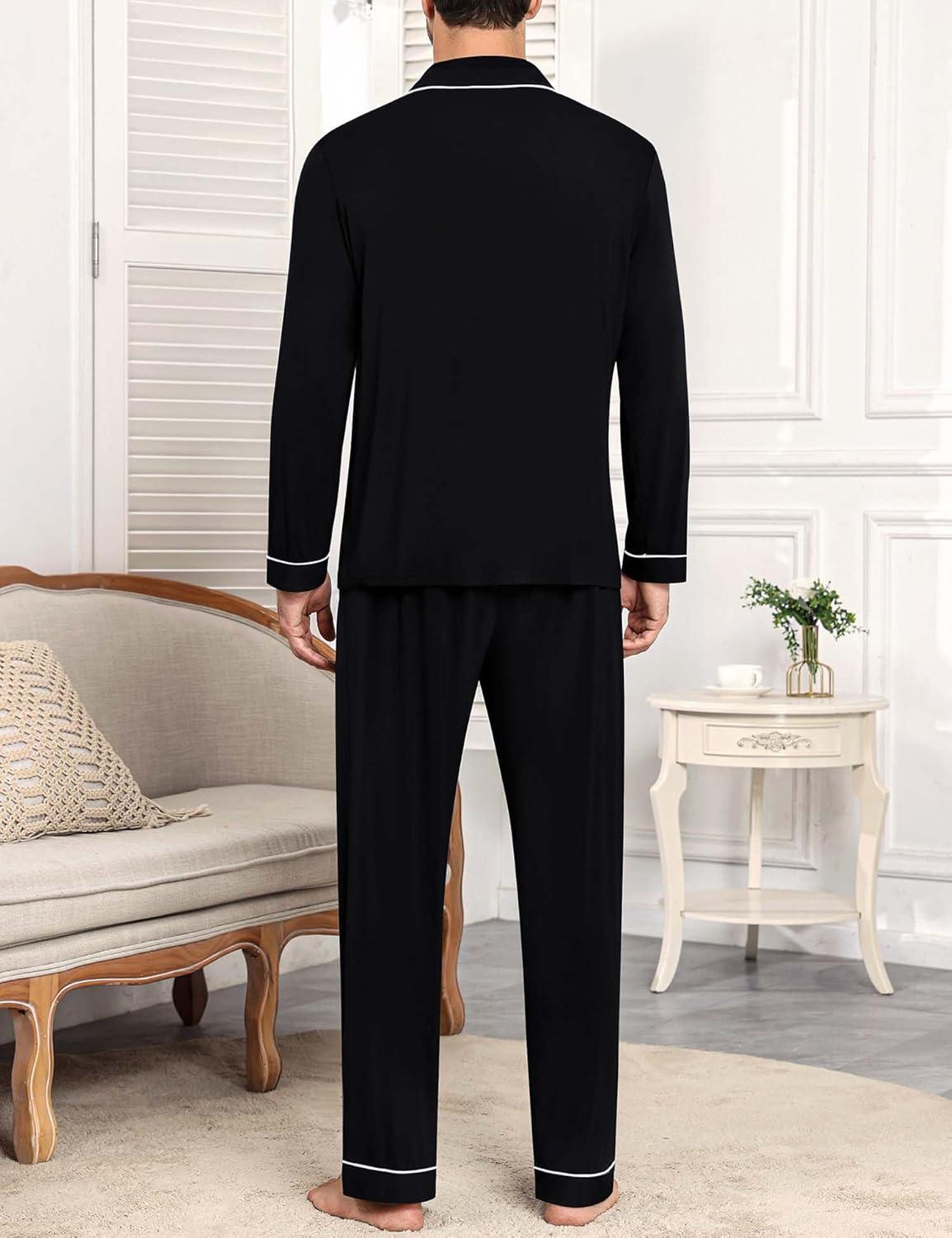 imageSWOMOG Men Pajamas Sets Long Sleeve Modal Sleepwear TwoPiece Soft PJs Sets Loungewear with Long PantsBlack