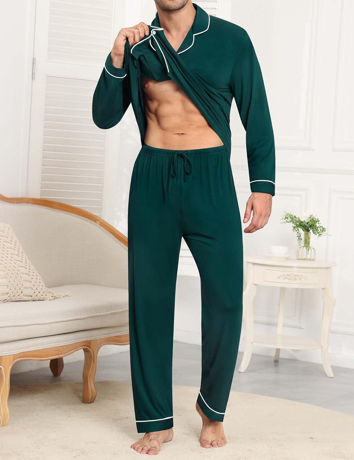 imageSWOMOG Men Pajamas Sets Long Sleeve Modal Sleepwear TwoPiece Soft PJs Sets Loungewear with Long PantsChristmas Green
