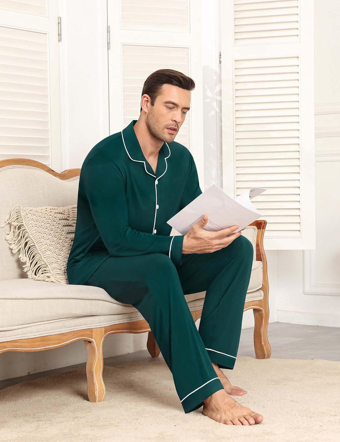 imageSWOMOG Men Pajamas Sets Long Sleeve Modal Sleepwear TwoPiece Soft PJs Sets Loungewear with Long PantsChristmas Green