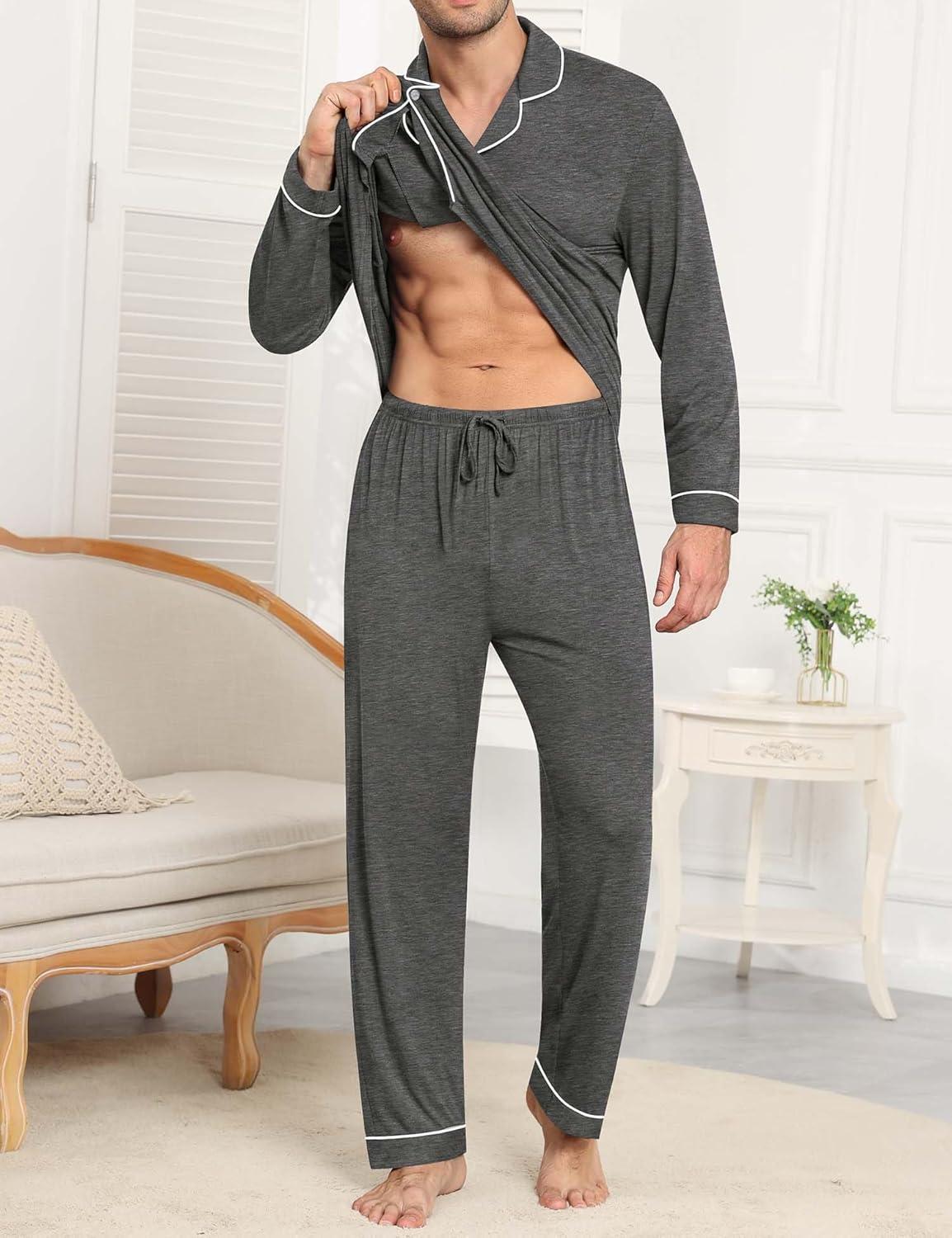 imageSWOMOG Men Pajamas Sets Long Sleeve Modal Sleepwear TwoPiece Soft PJs Sets Loungewear with Long PantsDark Gray