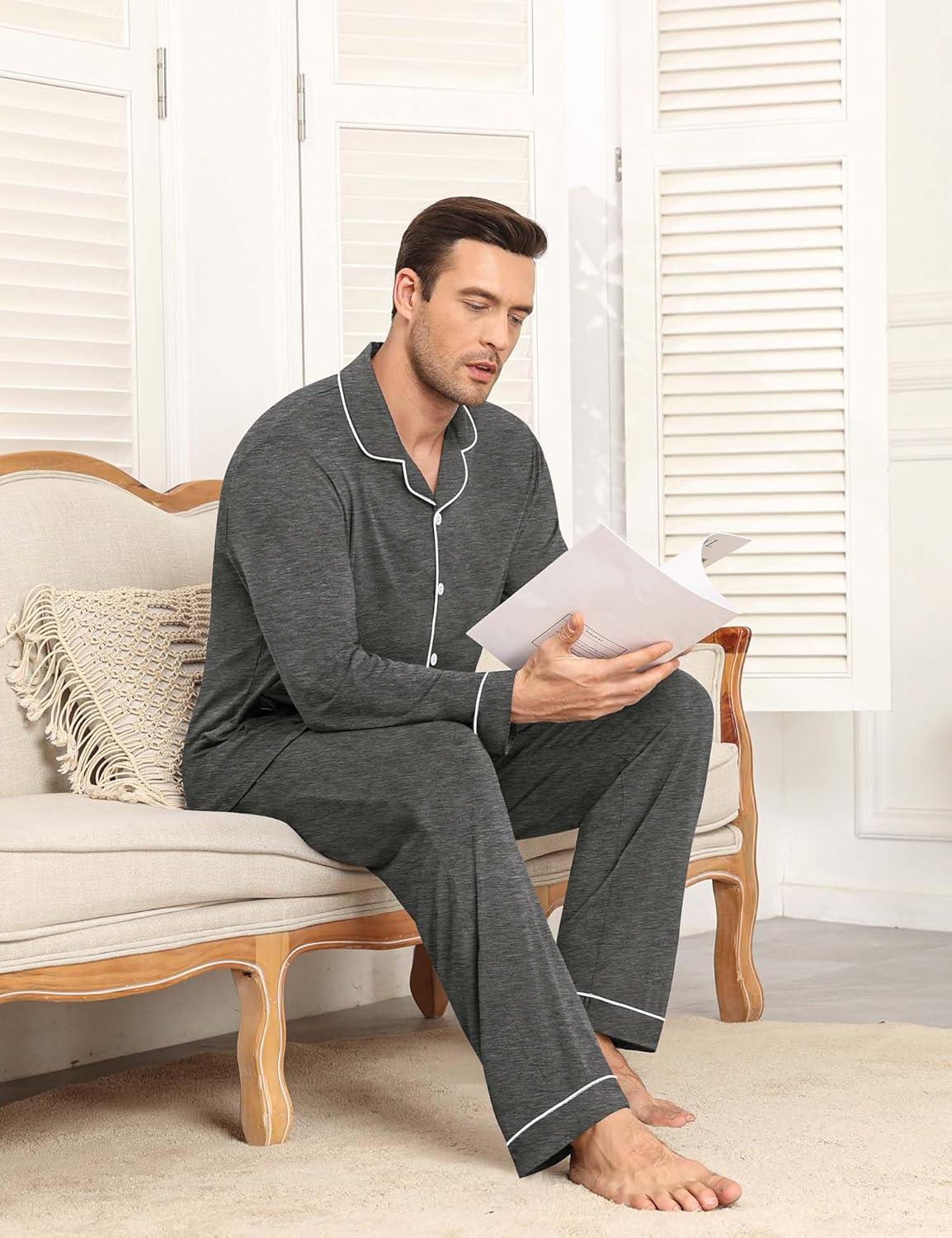 imageSWOMOG Men Pajamas Sets Long Sleeve Modal Sleepwear TwoPiece Soft PJs Sets Loungewear with Long PantsDark Gray