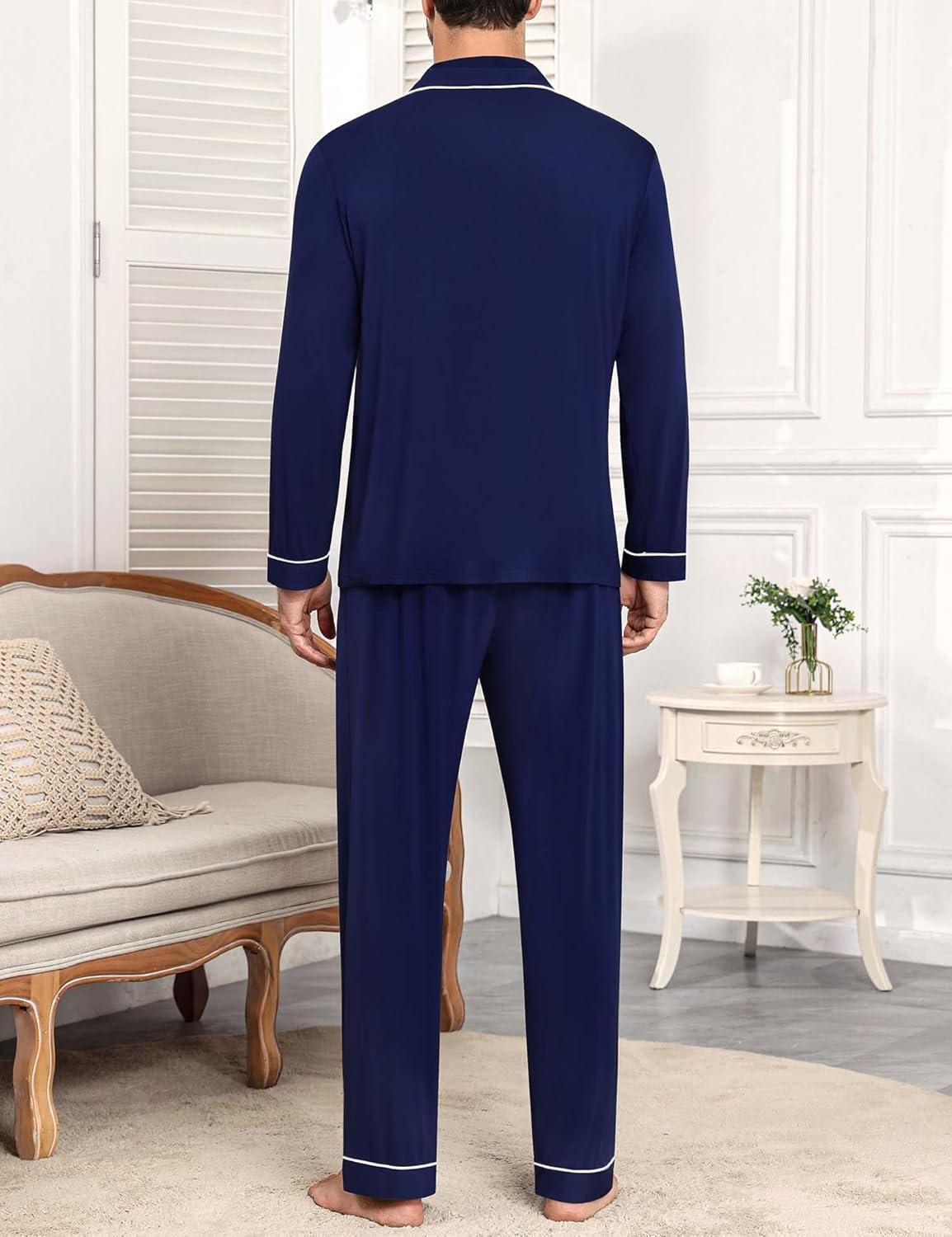 imageSWOMOG Men Pajamas Sets Long Sleeve Modal Sleepwear TwoPiece Soft PJs Sets Loungewear with Long PantsNavy Blue