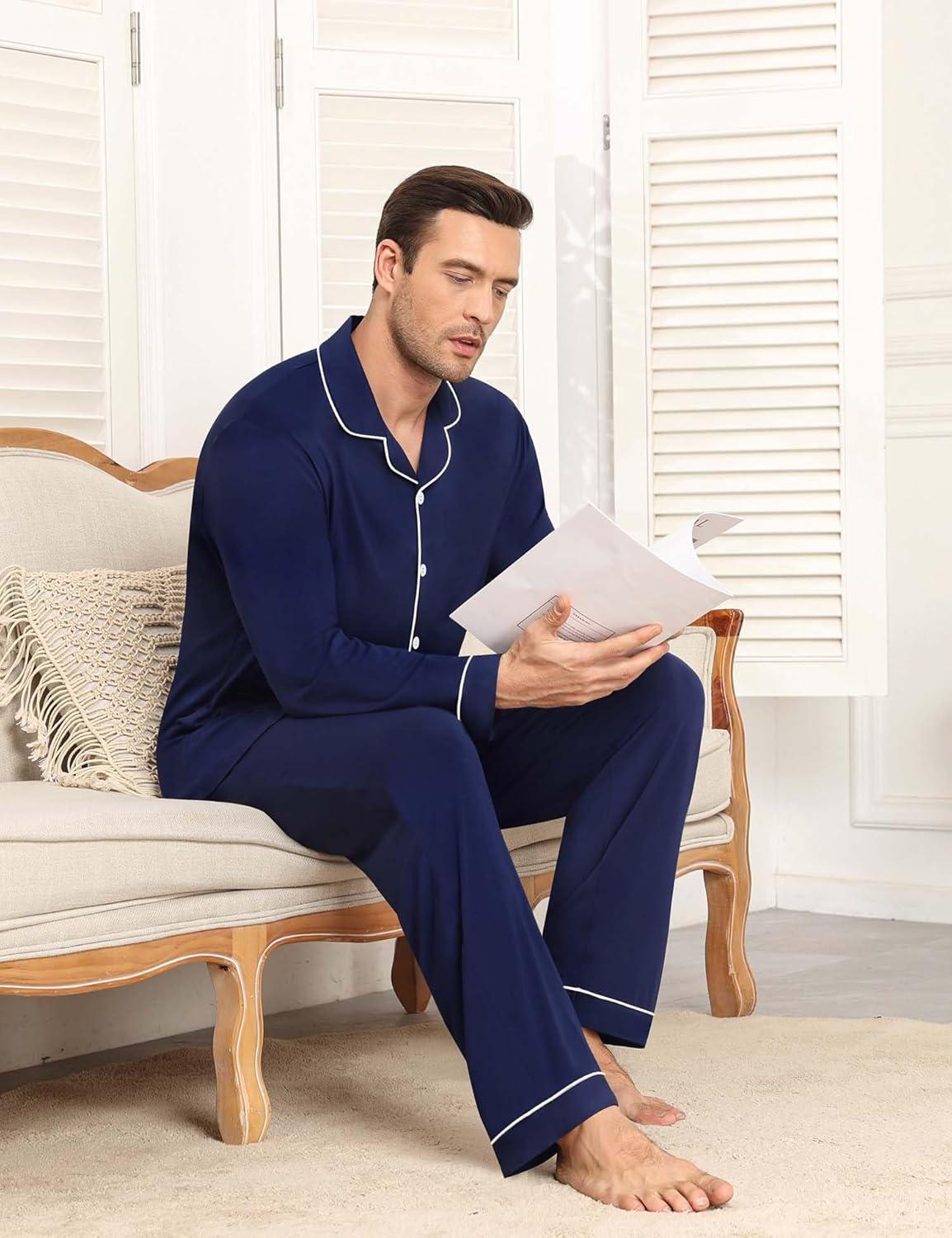 imageSWOMOG Men Pajamas Sets Long Sleeve Modal Sleepwear TwoPiece Soft PJs Sets Loungewear with Long PantsNavy Blue