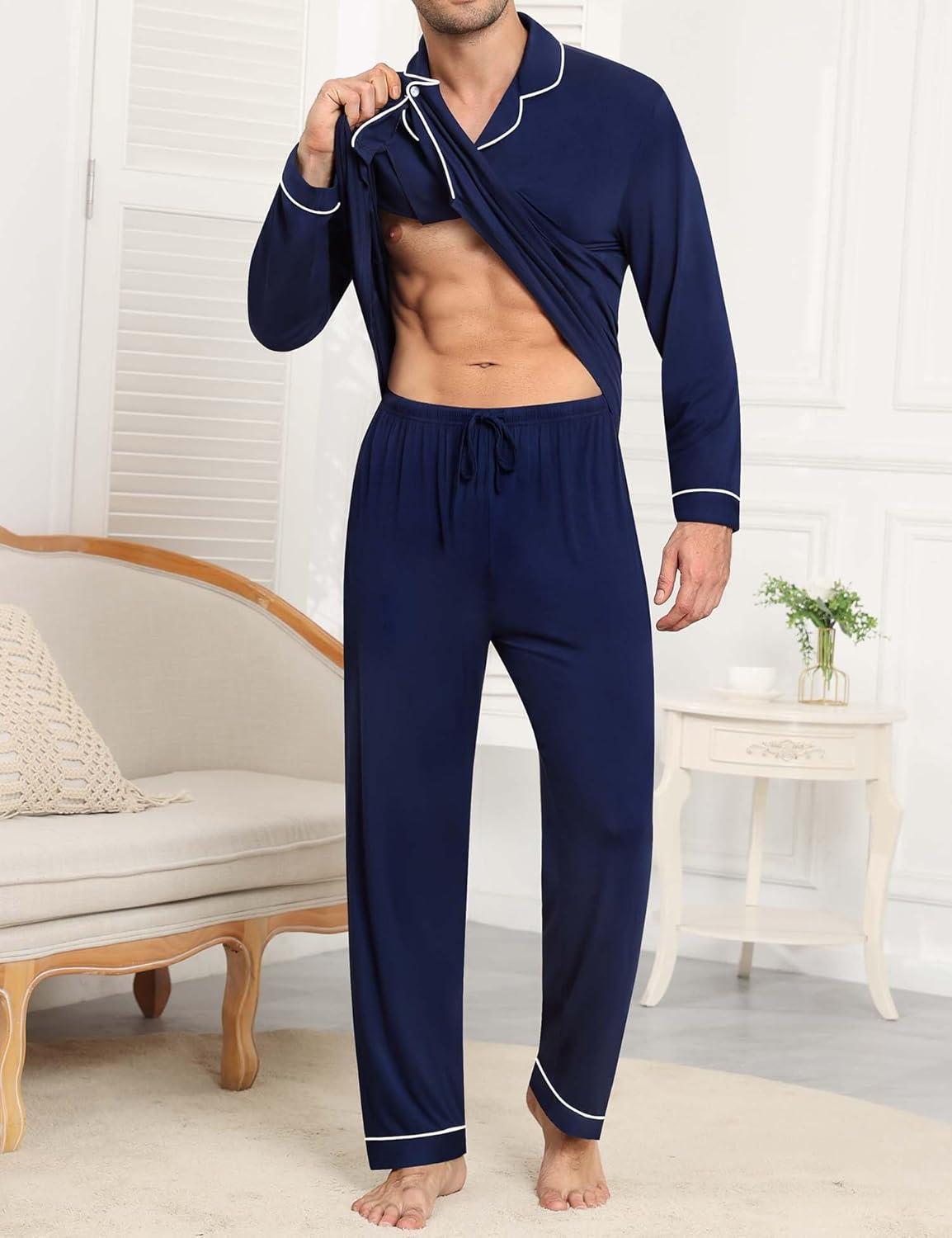 imageSWOMOG Men Pajamas Sets Long Sleeve Modal Sleepwear TwoPiece Soft PJs Sets Loungewear with Long PantsNavy Blue