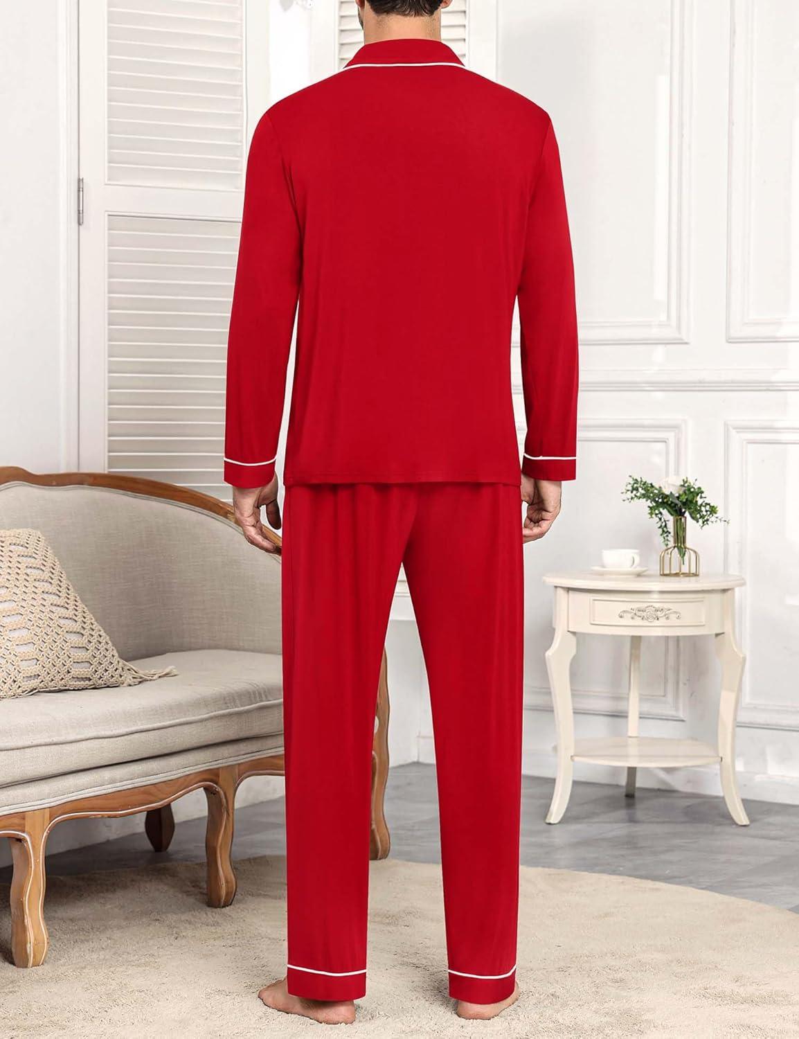 imageSWOMOG Men Pajamas Sets Long Sleeve Modal Sleepwear TwoPiece Soft PJs Sets Loungewear with Long PantsRed