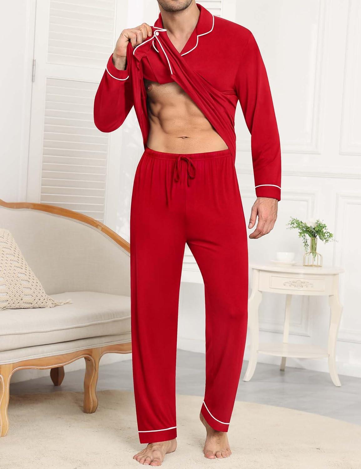 imageSWOMOG Men Pajamas Sets Long Sleeve Modal Sleepwear TwoPiece Soft PJs Sets Loungewear with Long PantsRed