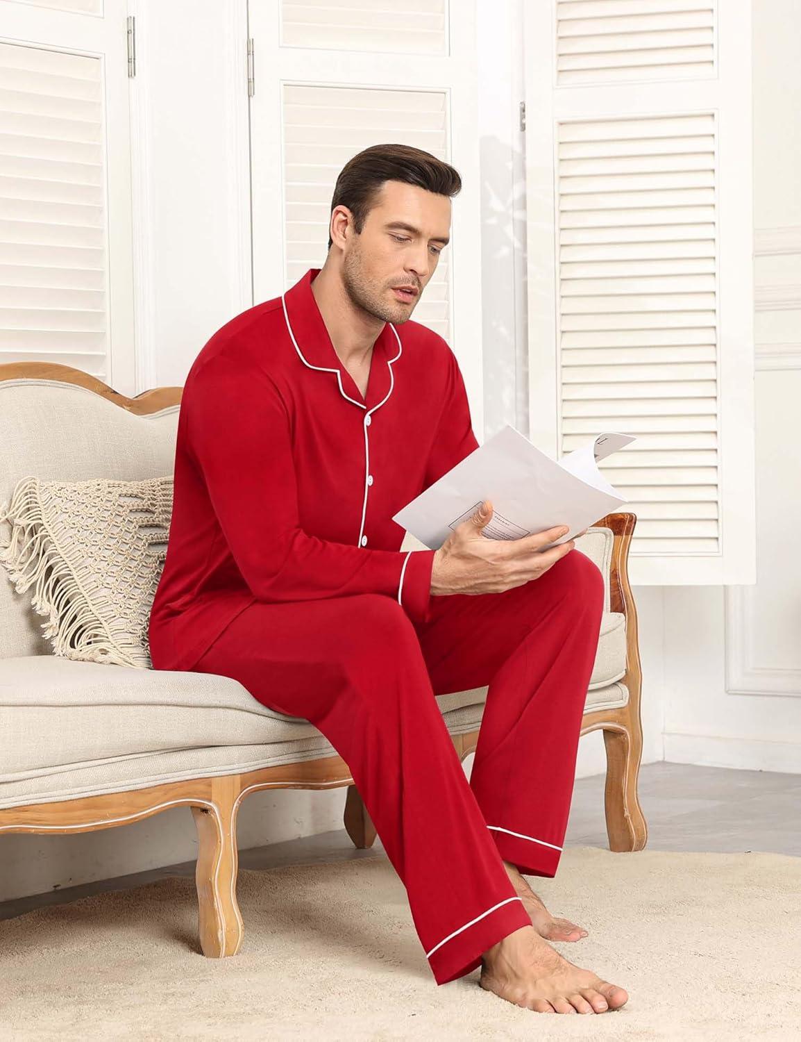 imageSWOMOG Men Pajamas Sets Long Sleeve Modal Sleepwear TwoPiece Soft PJs Sets Loungewear with Long PantsRed