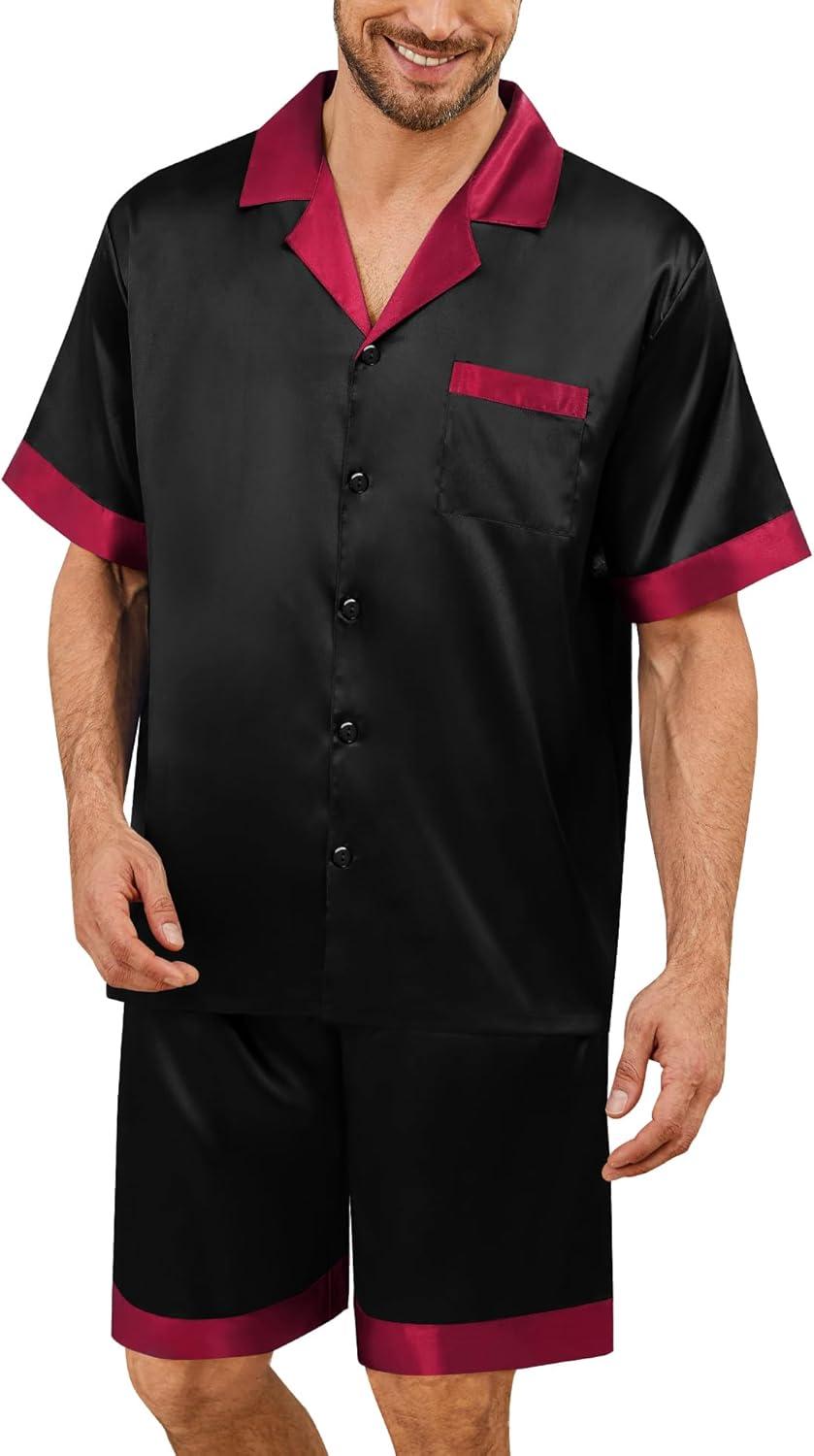 imageSWOMOG Mens Satin Pajamas Set Silk Pj Sets Short Sleeve Button Down 2 PCS Sleepwear with Drawstring amp Pockets S3XLBlack
