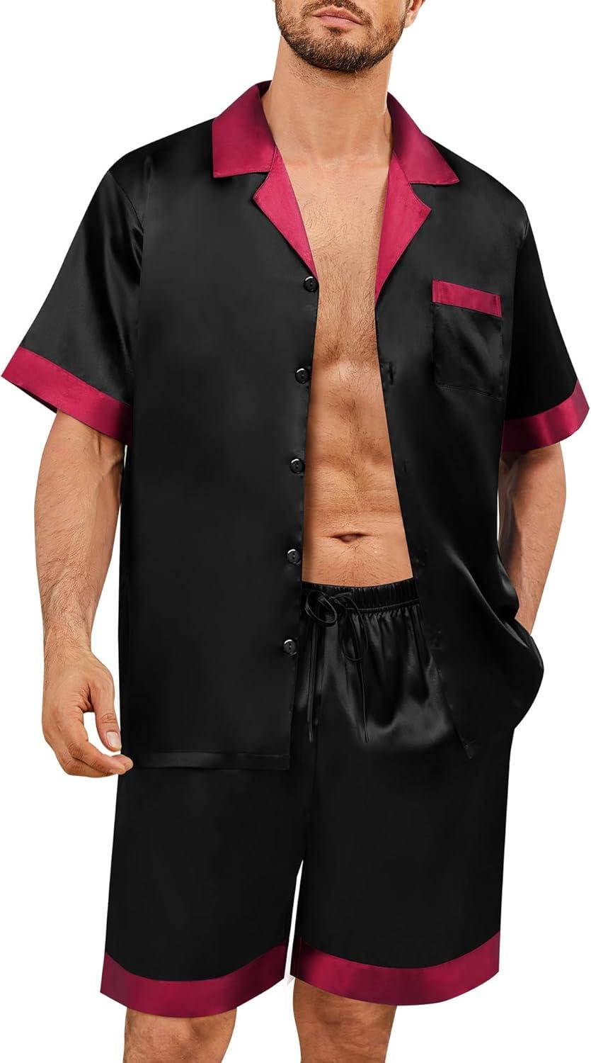 imageSWOMOG Mens Satin Pajamas Set Silk Pj Sets Short Sleeve Button Down 2 PCS Sleepwear with Drawstring amp Pockets S3XLBlack