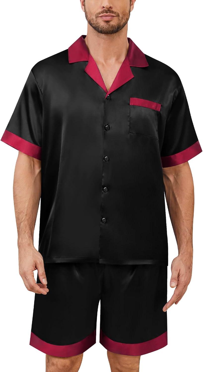 imageSWOMOG Mens Satin Pajamas Set Silk Pj Sets Short Sleeve Button Down 2 PCS Sleepwear with Drawstring amp Pockets S3XLBlack
