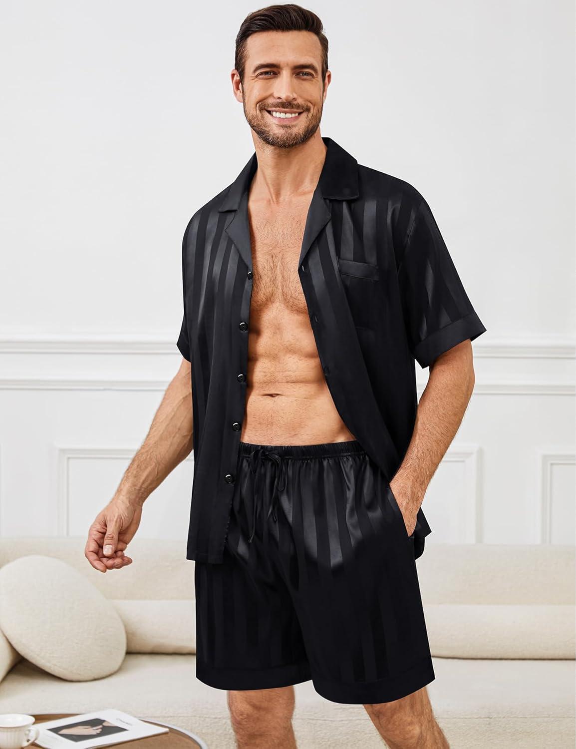 imageSWOMOG Mens Satin Pajamas Set Silk Pj Sets Short Sleeve Button Down 2 PCS Sleepwear with Drawstring amp Pockets S3XLBlack Stripe