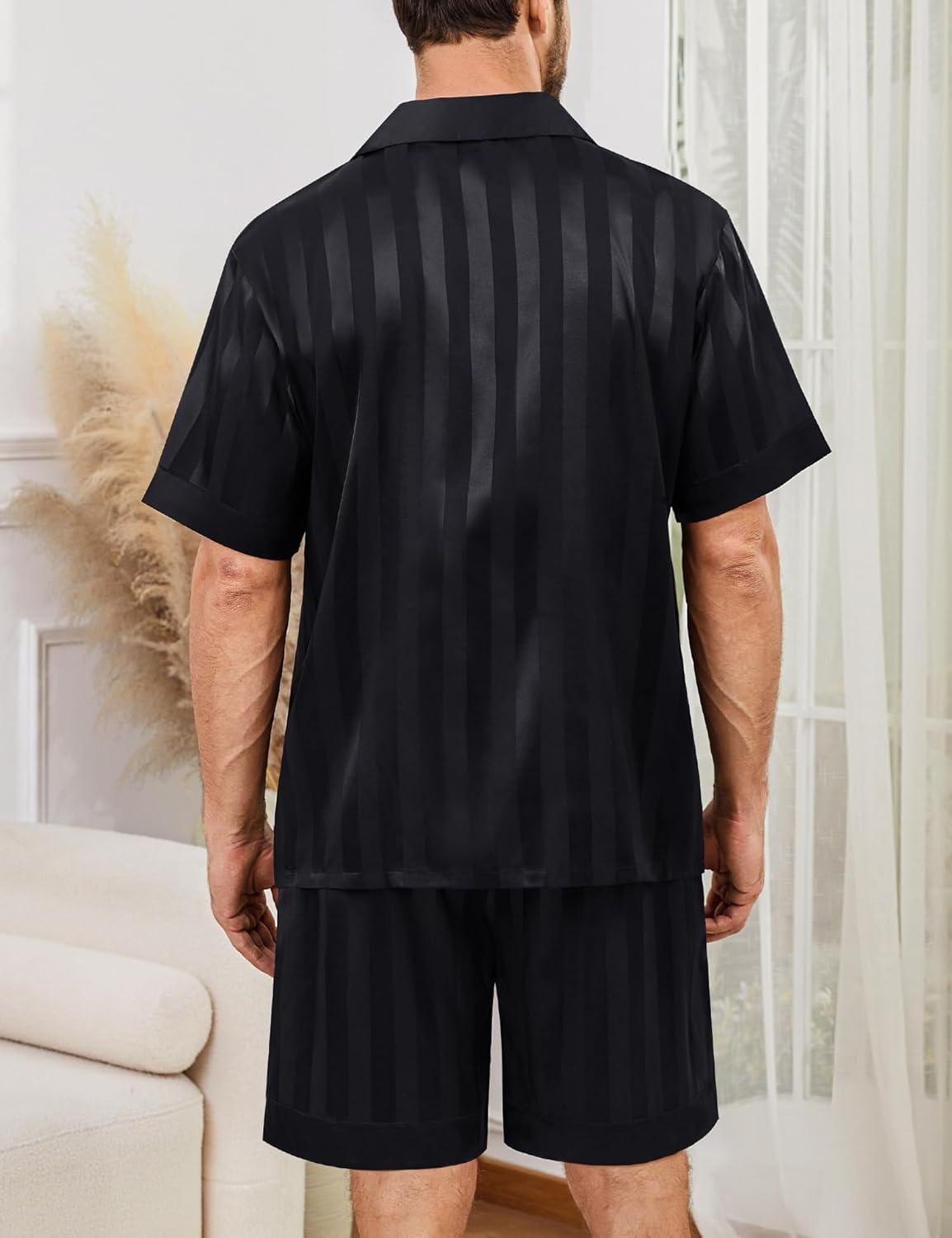 imageSWOMOG Mens Satin Pajamas Set Silk Pj Sets Short Sleeve Button Down 2 PCS Sleepwear with Drawstring amp Pockets S3XLBlack Stripe