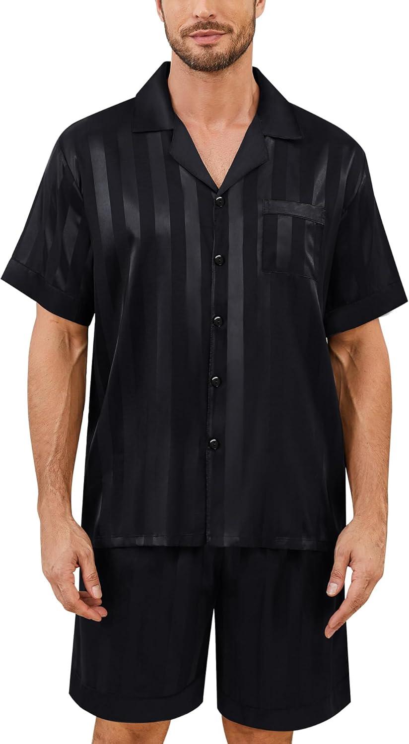 imageSWOMOG Mens Satin Pajamas Set Silk Pj Sets Short Sleeve Button Down 2 PCS Sleepwear with Drawstring amp Pockets S3XLBlack Stripe