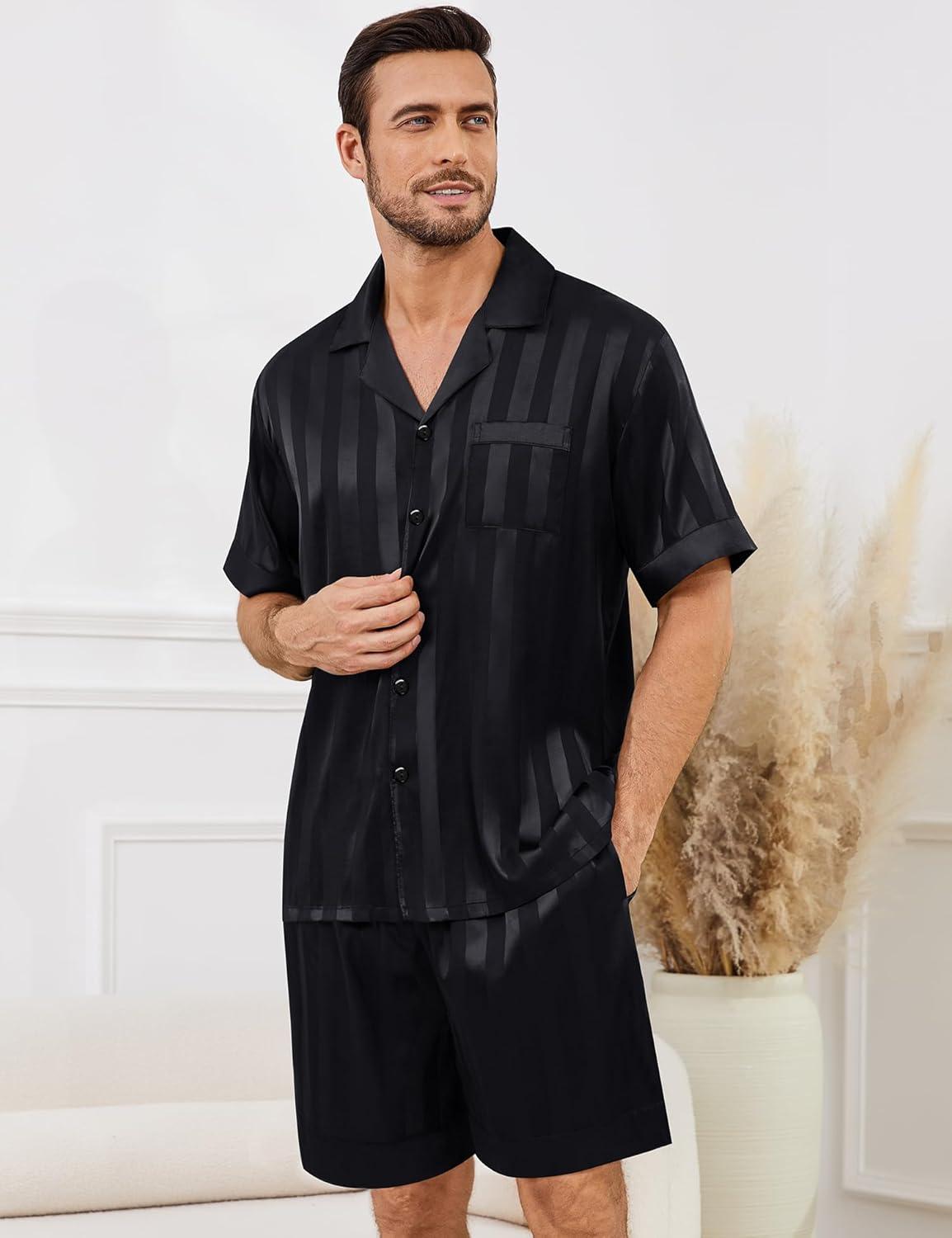 imageSWOMOG Mens Satin Pajamas Set Silk Pj Sets Short Sleeve Button Down 2 PCS Sleepwear with Drawstring amp Pockets S3XLBlack Stripe