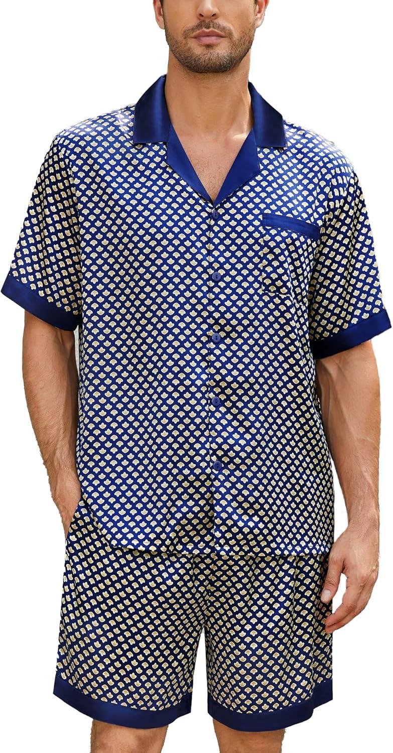 imageSWOMOG Mens Satin Pajamas Set Silk Pj Sets Short Sleeve Button Down 2 PCS Sleepwear with Drawstring amp Pockets S3XLGeometric Yellow