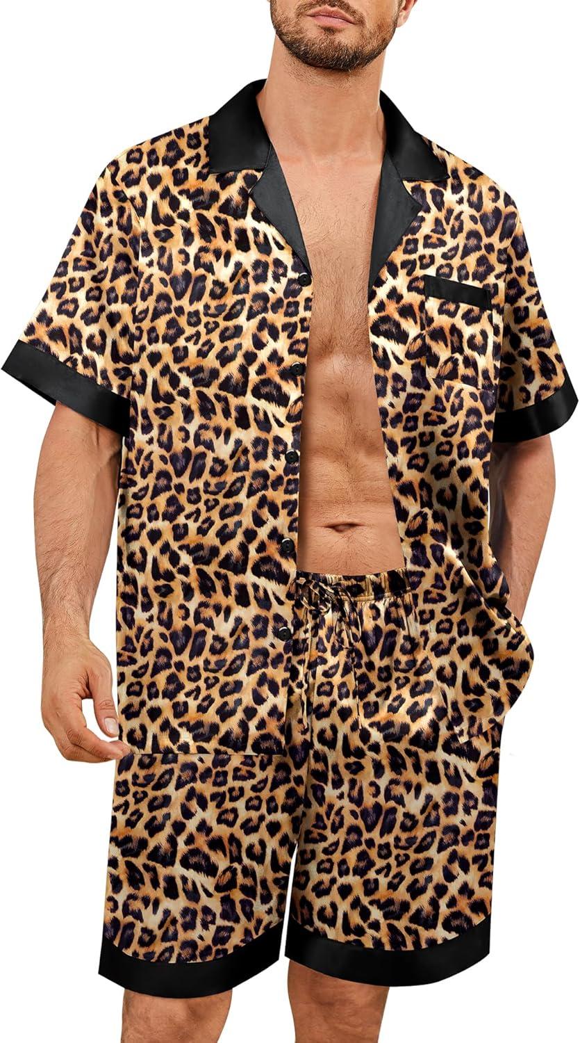 imageSWOMOG Mens Satin Pajamas Set Silk Pj Sets Short Sleeve Button Down 2 PCS Sleepwear with Drawstring amp Pockets S3XLLeopard Print