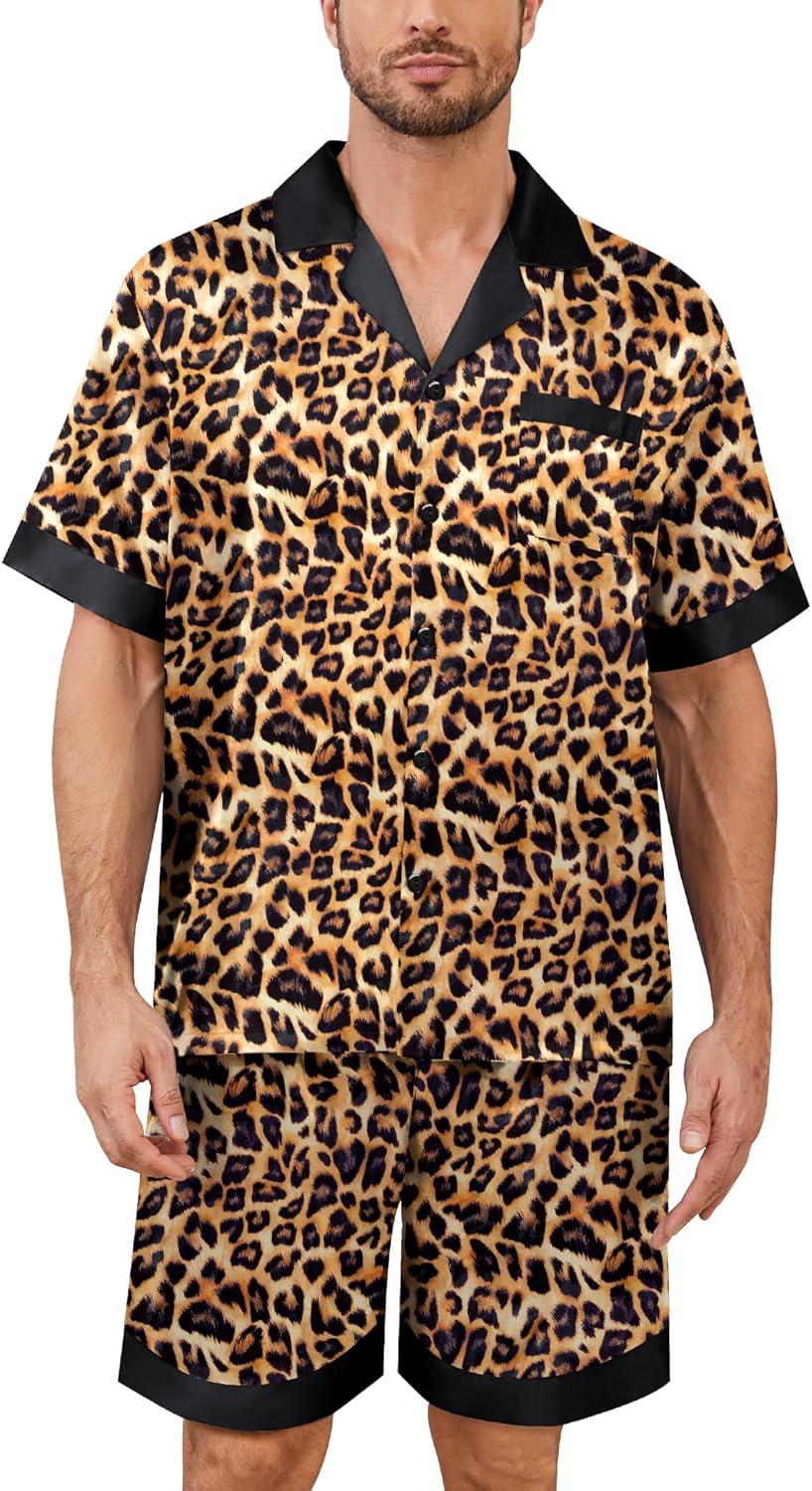 imageSWOMOG Mens Satin Pajamas Set Silk Pj Sets Short Sleeve Button Down 2 PCS Sleepwear with Drawstring amp Pockets S3XLLeopard Print
