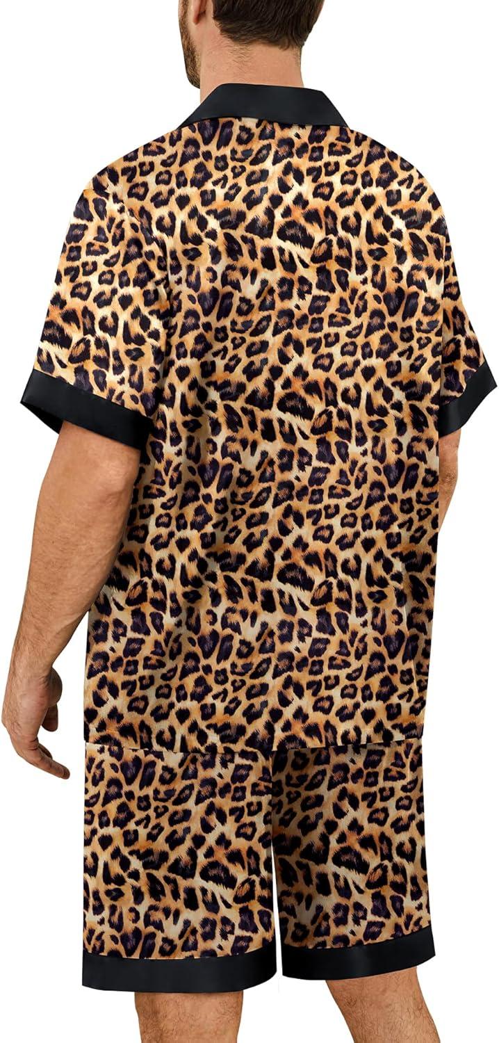 imageSWOMOG Mens Satin Pajamas Set Silk Pj Sets Short Sleeve Button Down 2 PCS Sleepwear with Drawstring amp Pockets S3XLLeopard Print