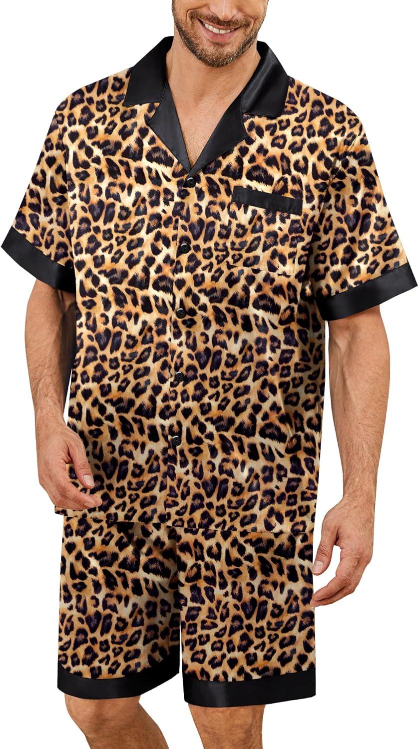 imageSWOMOG Mens Satin Pajamas Set Silk Pj Sets Short Sleeve Button Down 2 PCS Sleepwear with Drawstring amp Pockets S3XLLeopard Print