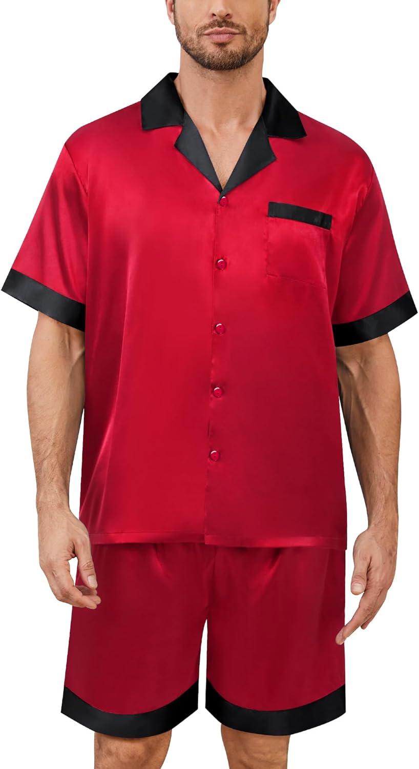 imageSWOMOG Mens Satin Pajamas Set Silk Pj Sets Short Sleeve Button Down 2 PCS Sleepwear with Drawstring amp Pockets S3XLRed