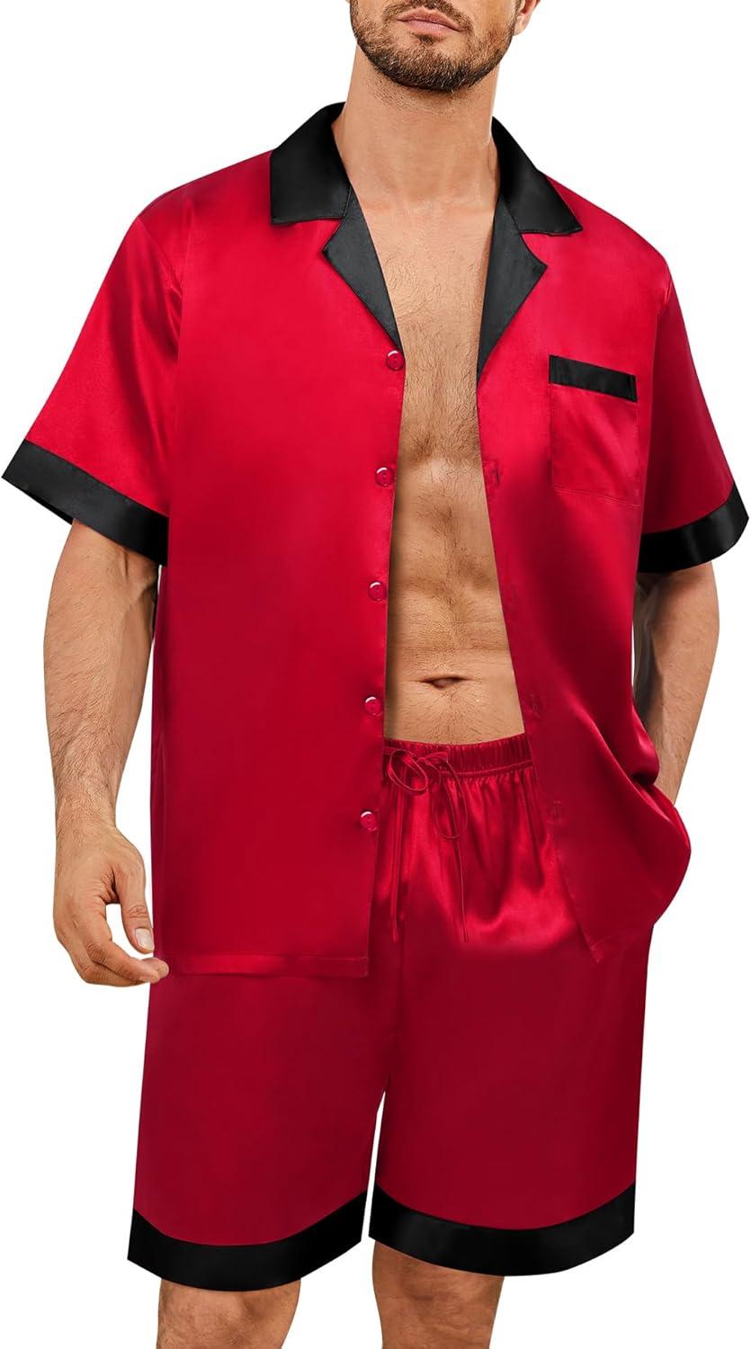 imageSWOMOG Mens Satin Pajamas Set Silk Pj Sets Short Sleeve Button Down 2 PCS Sleepwear with Drawstring amp Pockets S3XLRed