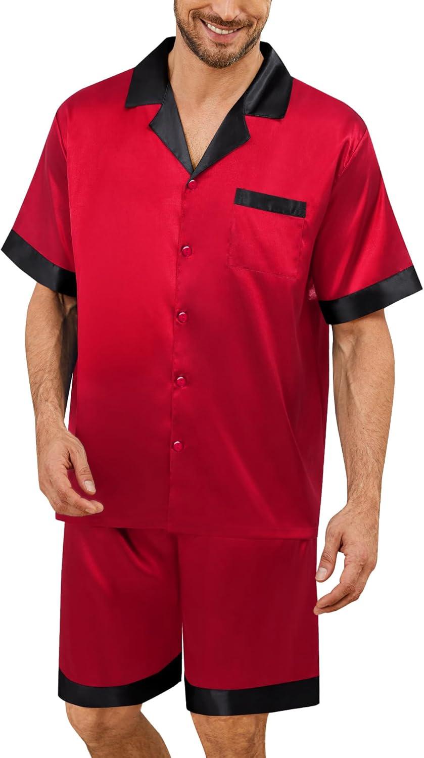 imageSWOMOG Mens Satin Pajamas Set Silk Pj Sets Short Sleeve Button Down 2 PCS Sleepwear with Drawstring amp Pockets S3XLRed