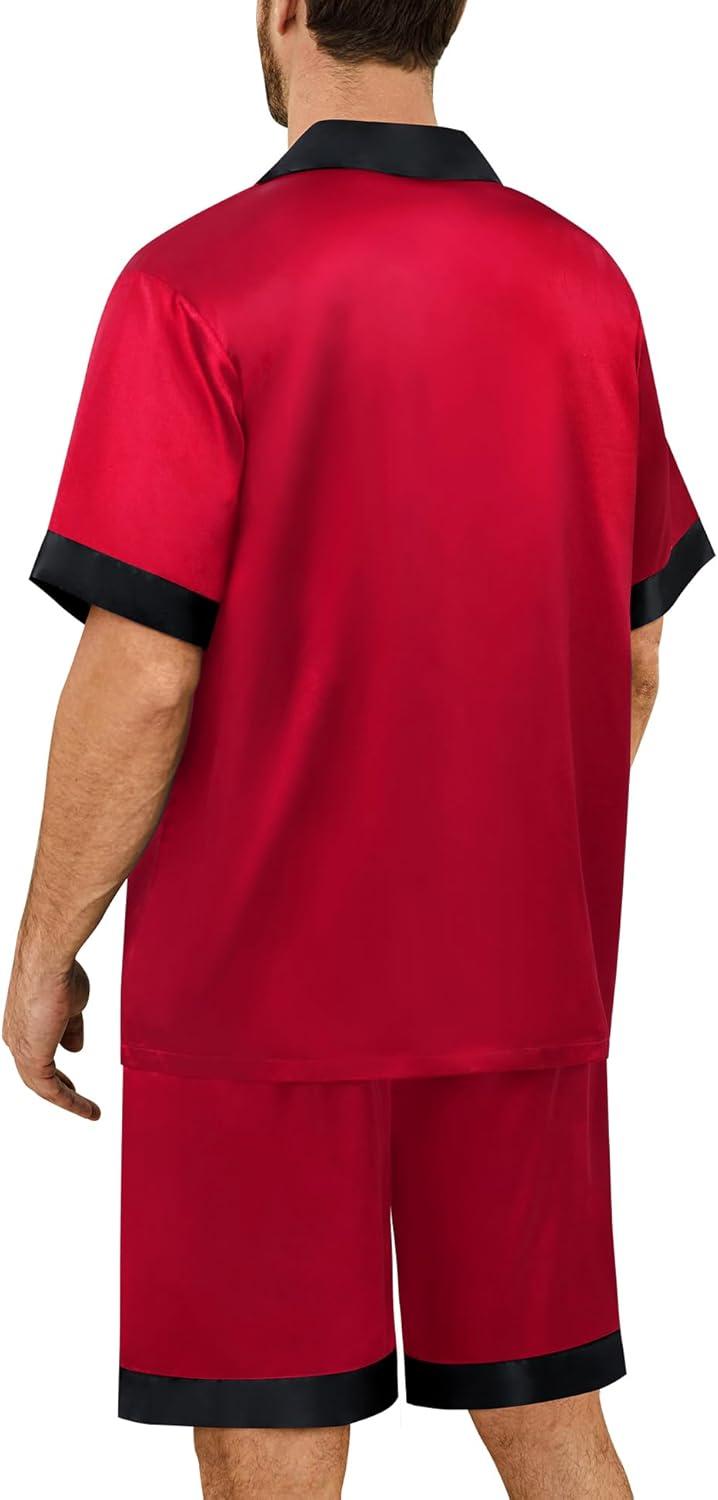 imageSWOMOG Mens Satin Pajamas Set Silk Pj Sets Short Sleeve Button Down 2 PCS Sleepwear with Drawstring amp Pockets S3XLRed