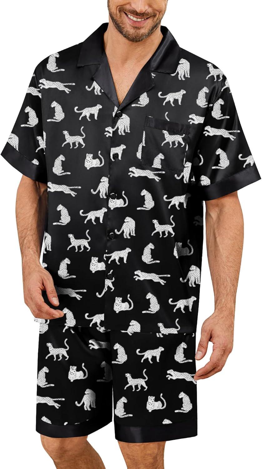 imageSWOMOG Mens Satin Pajamas Set Silk Pj Sets Short Sleeve Button Down 2 PCS Sleepwear with Drawstring amp Pockets S3XLWhite Leopard