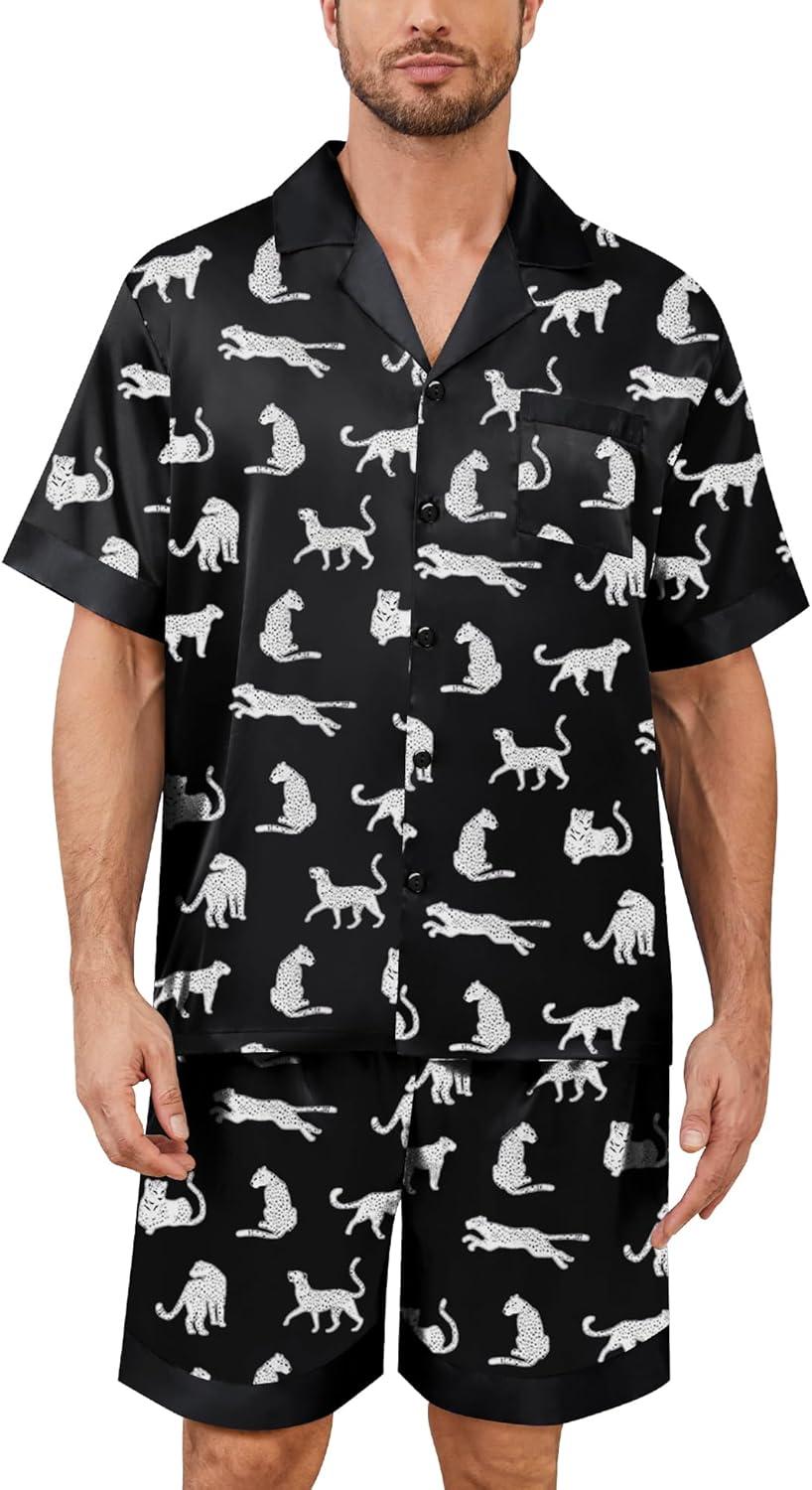 imageSWOMOG Mens Satin Pajamas Set Silk Pj Sets Short Sleeve Button Down 2 PCS Sleepwear with Drawstring amp Pockets S3XLWhite Leopard