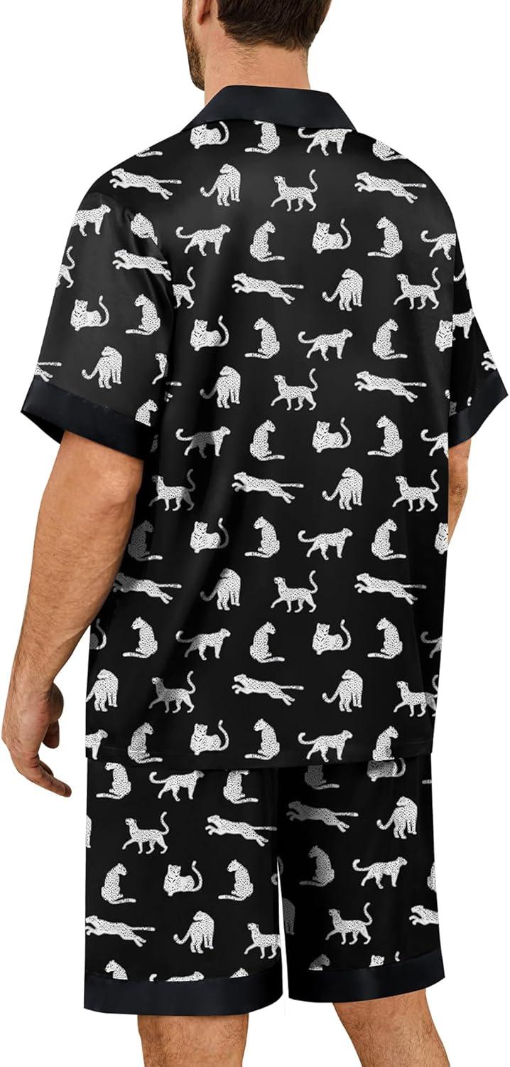 imageSWOMOG Mens Satin Pajamas Set Silk Pj Sets Short Sleeve Button Down 2 PCS Sleepwear with Drawstring amp Pockets S3XLWhite Leopard