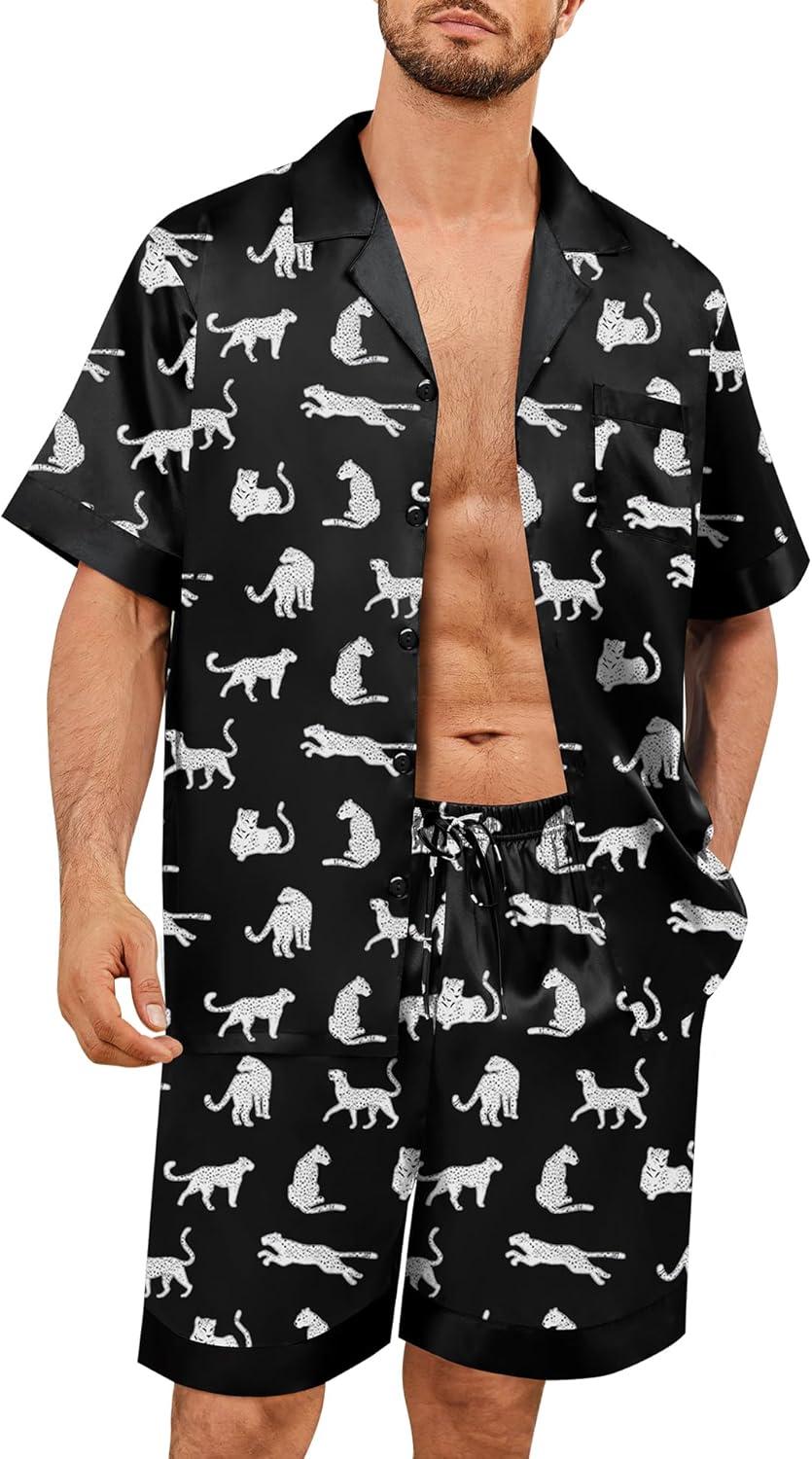 imageSWOMOG Mens Satin Pajamas Set Silk Pj Sets Short Sleeve Button Down 2 PCS Sleepwear with Drawstring amp Pockets S3XLWhite Leopard