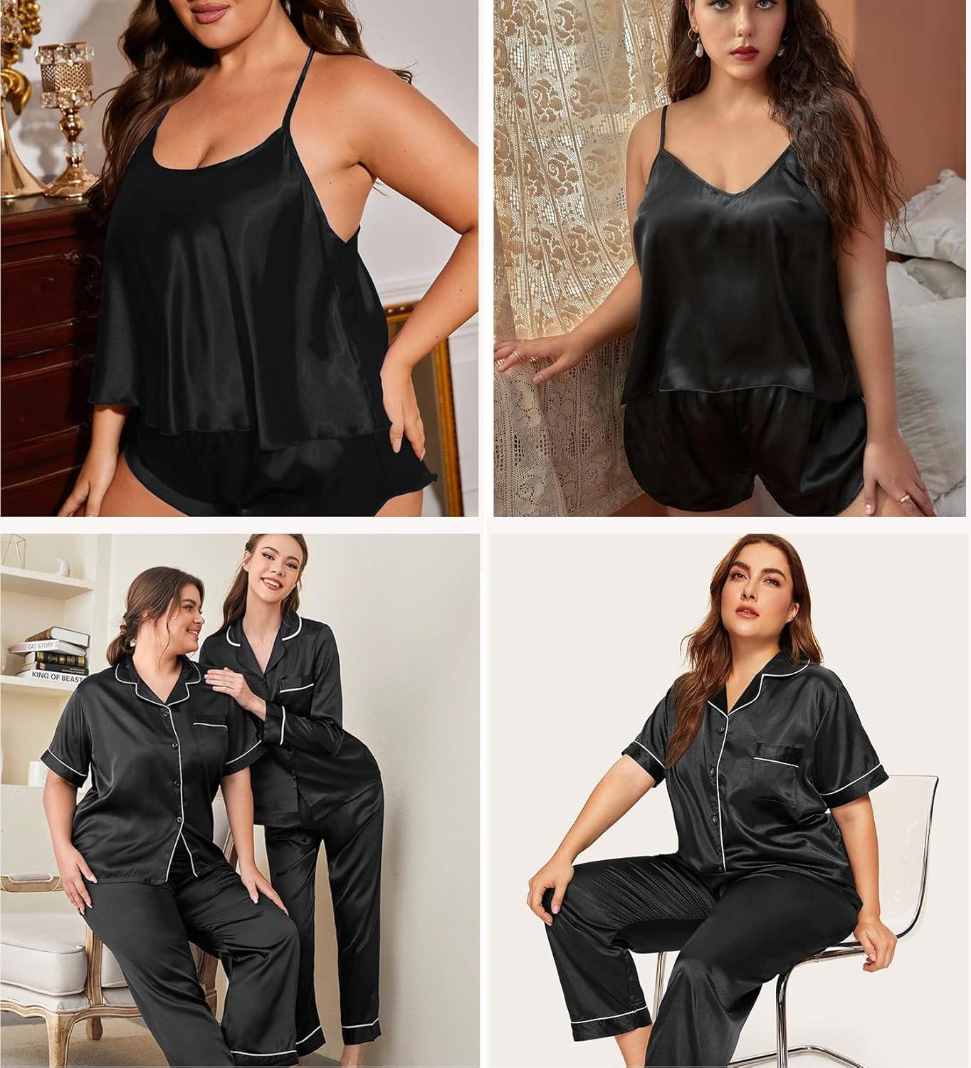 imageSWOMOG Womens Plus Size Pajamas Silk Satin Pajama Set Short Sleeve Shirt with FullLength Pants Pjs Sleepwear Set 18W26W4pcsblack