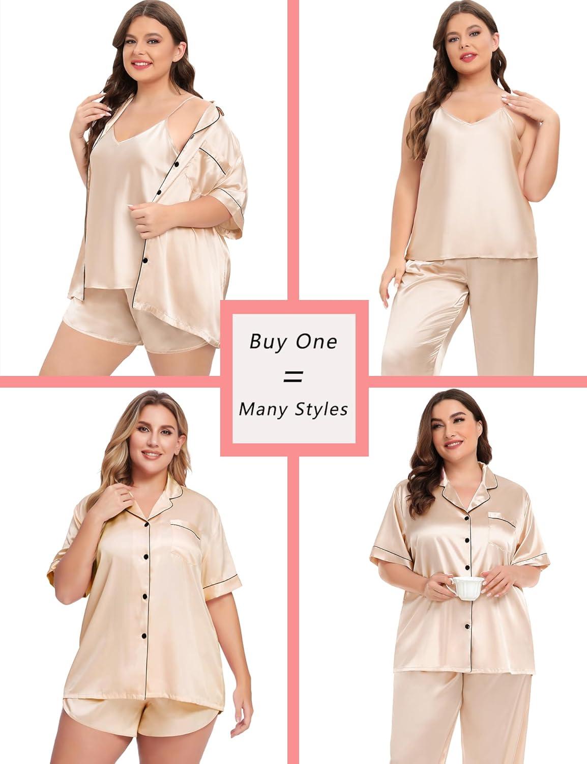 imageSWOMOG Womens Plus Size Pajamas Silk Satin Pajama Set Short Sleeve Shirt with FullLength Pants Pjs Sleepwear Set 18W26W4pcschampagne