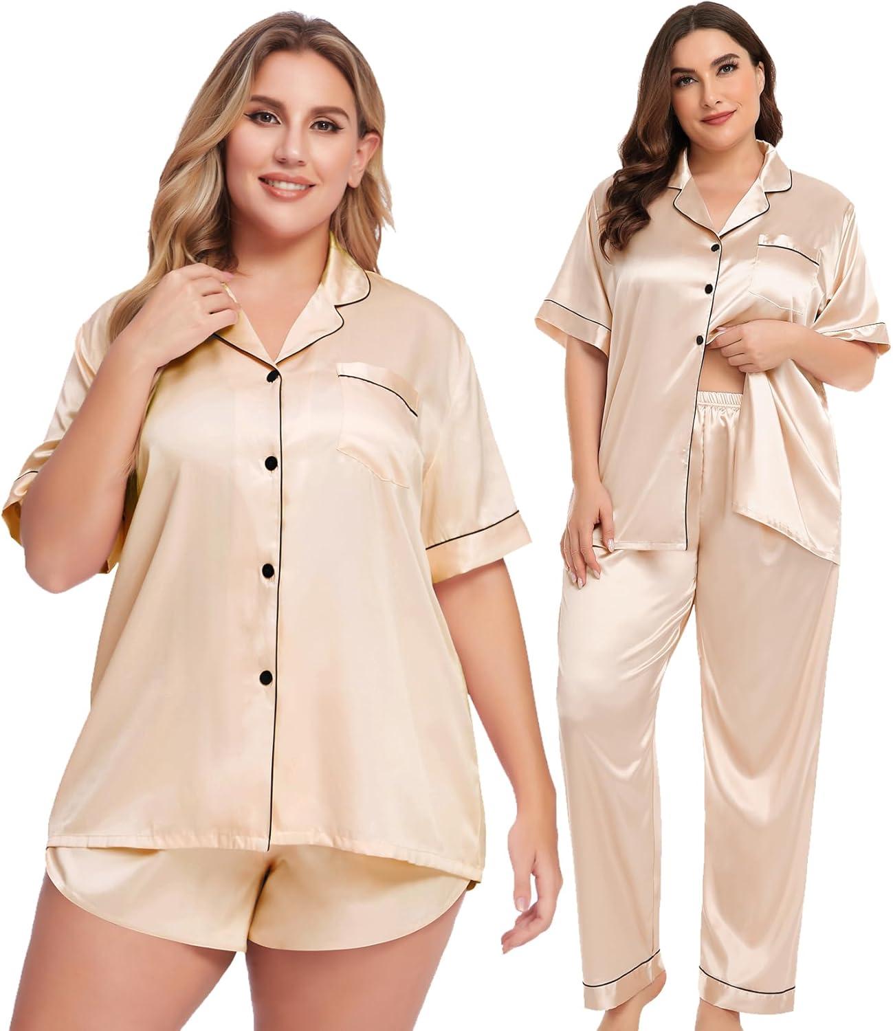 imageSWOMOG Womens Plus Size Pajamas Silk Satin Pajama Set Short Sleeve Shirt with FullLength Pants Pjs Sleepwear Set 18W26W4pcschampagne